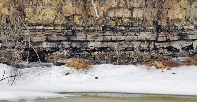 Layers of a dolomitic rock on the frozen lake coast