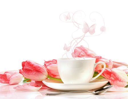 Tea cup with pink tulips on white background