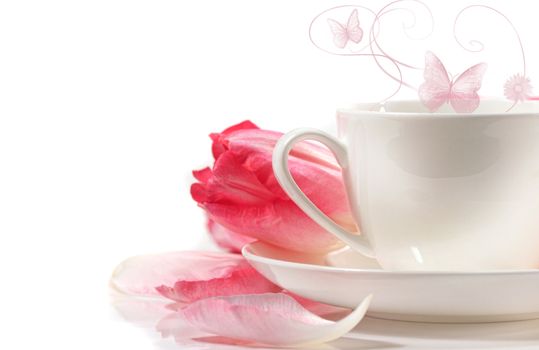 Porcelain teacup with pink tulips on white background
