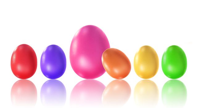 Colored eggs with reflection on white background