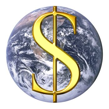 Dollar over earth isolated in white