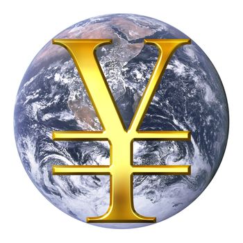 Yen over earth isolated in white