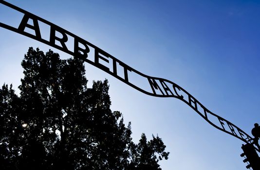 "Arbei macht frei" gate at Auschwitz concentration camp in Poland.