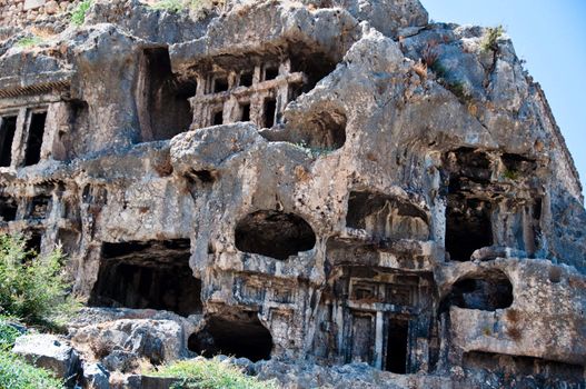 Ruins of ancient rock cut tombs in Tlos, Turkey