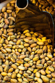 Large collection of Pistachios sold at large market in Fethiye, Turkey