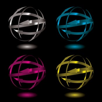 Collection of four metal arrow balls in varius color variations
