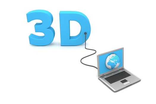 blue word 3D is connected to a laptop - a three-dimensional globe is on the screen