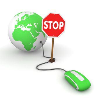 green computer mouse is connected to a green globe - surfing and browsing is blocked by a stop sign that cuts the cable