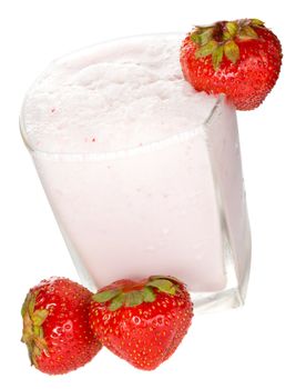 close-up fresh strawberry milkshake, isolated on white