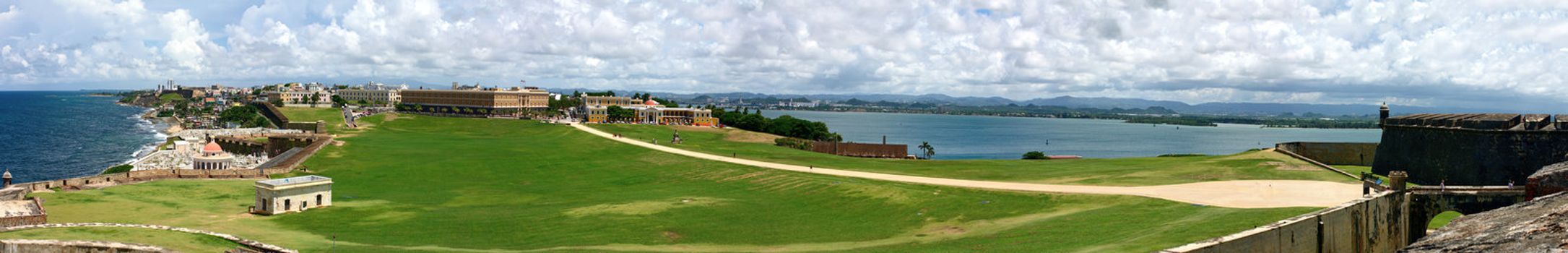 Wide angle panoramic view of Old San Juan Puerto Rico from El Morro fortification.