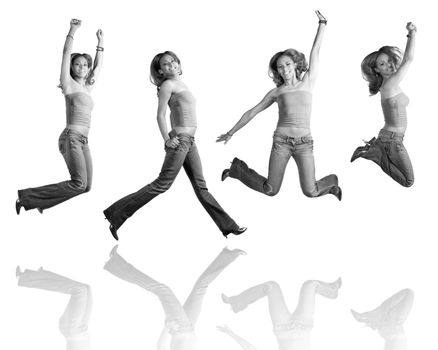 A young Hispanic girl in her early twenties jumping in the air in four different poses with reflections over white.