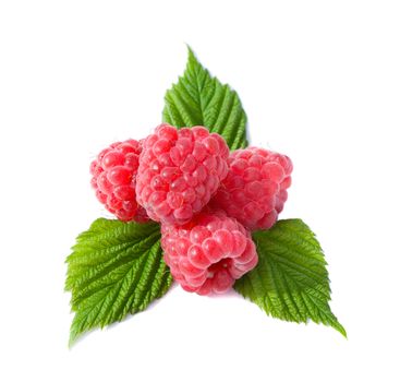 heap of ripe raspberries with leaves, isolated on white