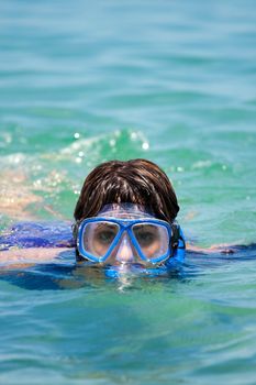 A brunette woman snorkeling in the tropical waters of the Caribbean sea.