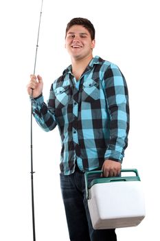 A young man poses with his fishing reel and beer cooler isolated over white in studio with negative space.