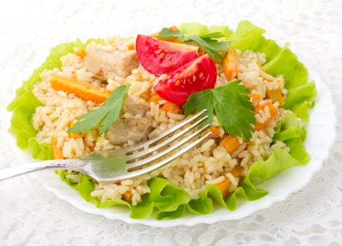 close-up meat with rice and vegetables