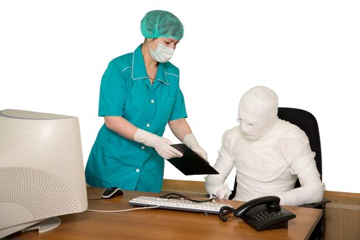 The bandaged businessman and nurse in office