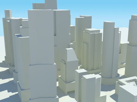 A three dimensional rendered city with all of the buildings in white. A clipping path of the sky is included so it can be easily replaced.