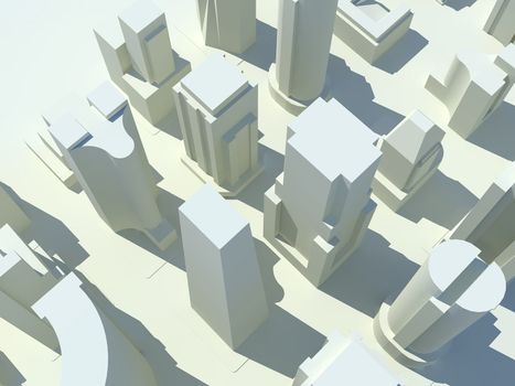 A bird's eye view of a three dimensional rendered city with all of the buildings in white.