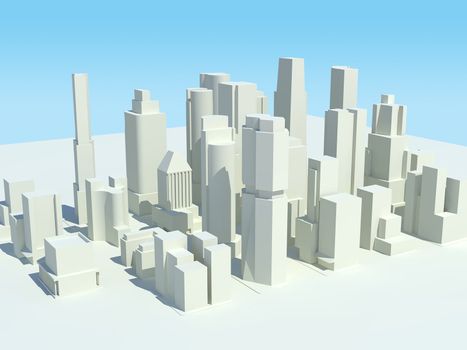 A three dimensional rendered city with all of the buildings in white. A clipping path of the sky is included so it can be easily replaced.