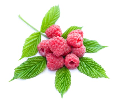 heap of ripe raspberries with leaves, isolated on white