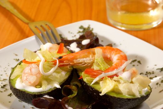 Shrimp avocado salad with low calorie dressing