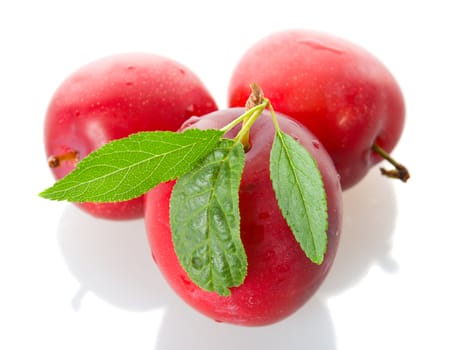 three red ripe plums, isolated on white