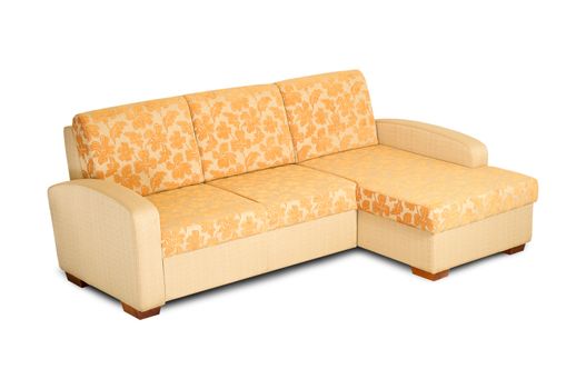 The sofa in the yellow tissue is isolated on a white background.