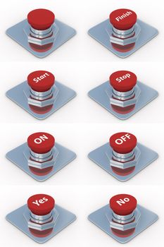 set red buttons on a white background. 3D image