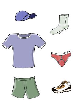 Illustration of various pieces of clothing, including a shirt, shorts, briefs, socks and a cap.