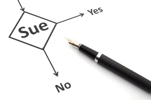 sue lawsuit or law concept with flowchart and pen