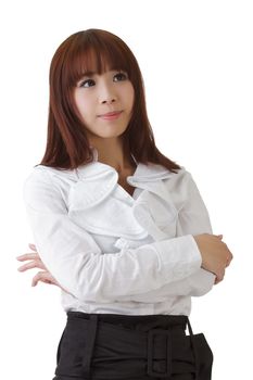 Successful Asian business woman with confident expression on white background.