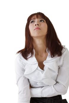 Worried business woman with expression of sadness on white background.