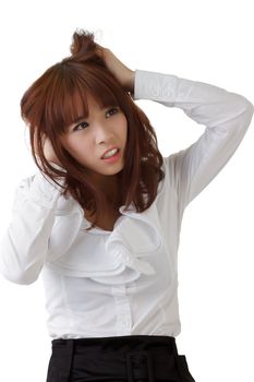 Anxious business woman with worried expression against white.