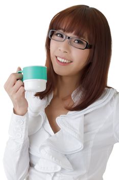 Relaxing business woman with cup of coffee, closeup portrait with happy expression.