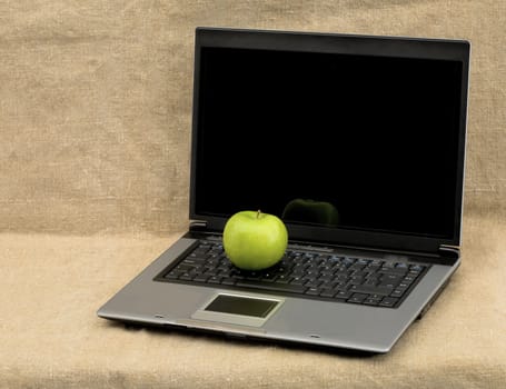 Laptop and green apple on the textile background