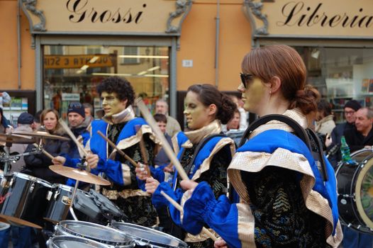 DOMODOSSOLA, ITALY - FEBRUARY 21: Traditional Swiss band "Joopimuisig Chruit Frassar" performs outdoor at Carnival. February  21, 2009 in Domodossola, Italy.