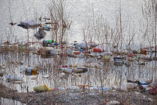 Trash floating polluting water in a pond.