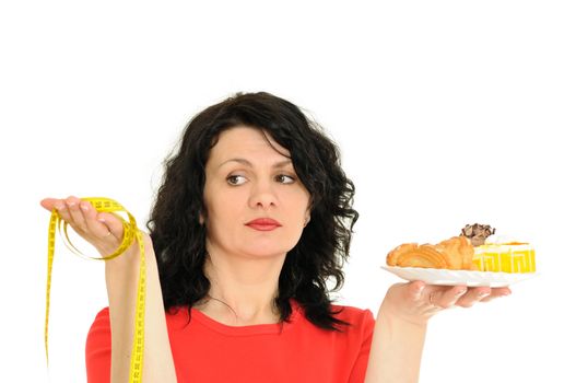 woman with cake and measuring tape isolated on white background