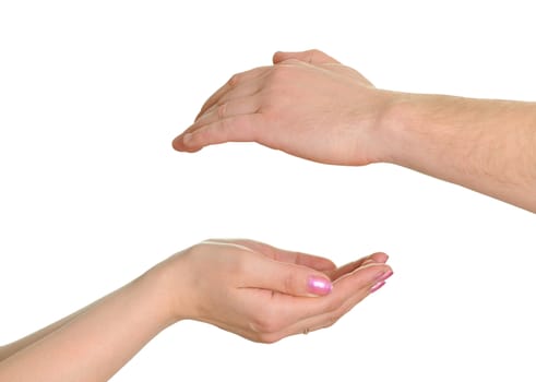 Man's and female hand isolated on white background