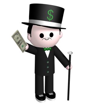 Illustration of a wealthy man holding out dollar bills 