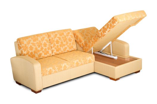 Yellow sofa with an open box isolated on a white background.