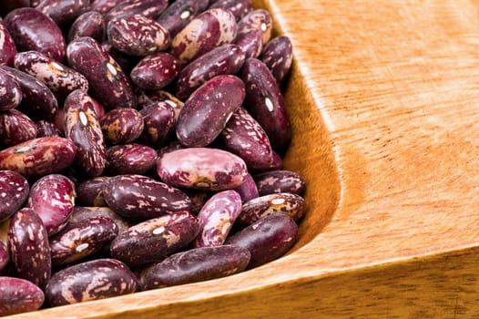 A couple of dark red and spotted kidney beans in wooden dish 