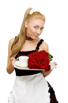 Waitress in uniform with tray and flowers isolated on white