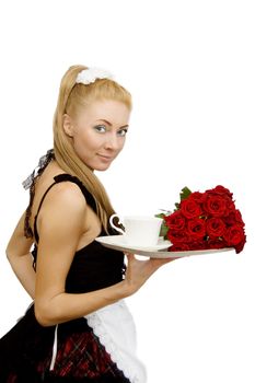 Waitress in uniform with tray and flowers isolated on white