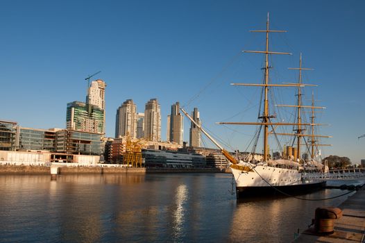 Old frigate in the harbor of Puerto Madero, touristic neighborhood in Buenos Aires, Argentina 