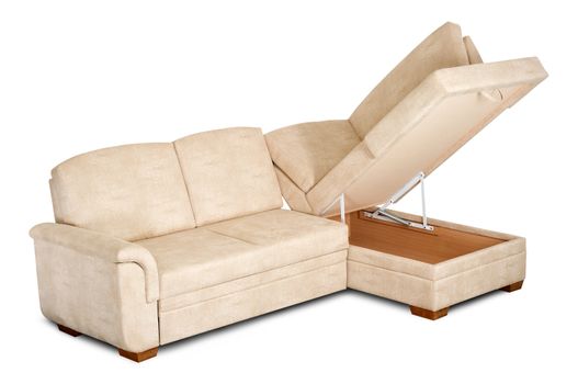 Bright sofa with an open box isolated on a white background.