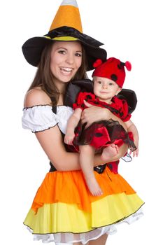 Mother and child in halloween costumes