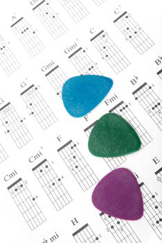 Three guitar picks on of different colors a chords chart.