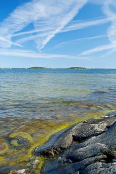 Scandinavian rocky coastline. Baltic Sea in summer.