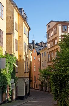 Old cozy street in the center of Stockholm, Sweden.